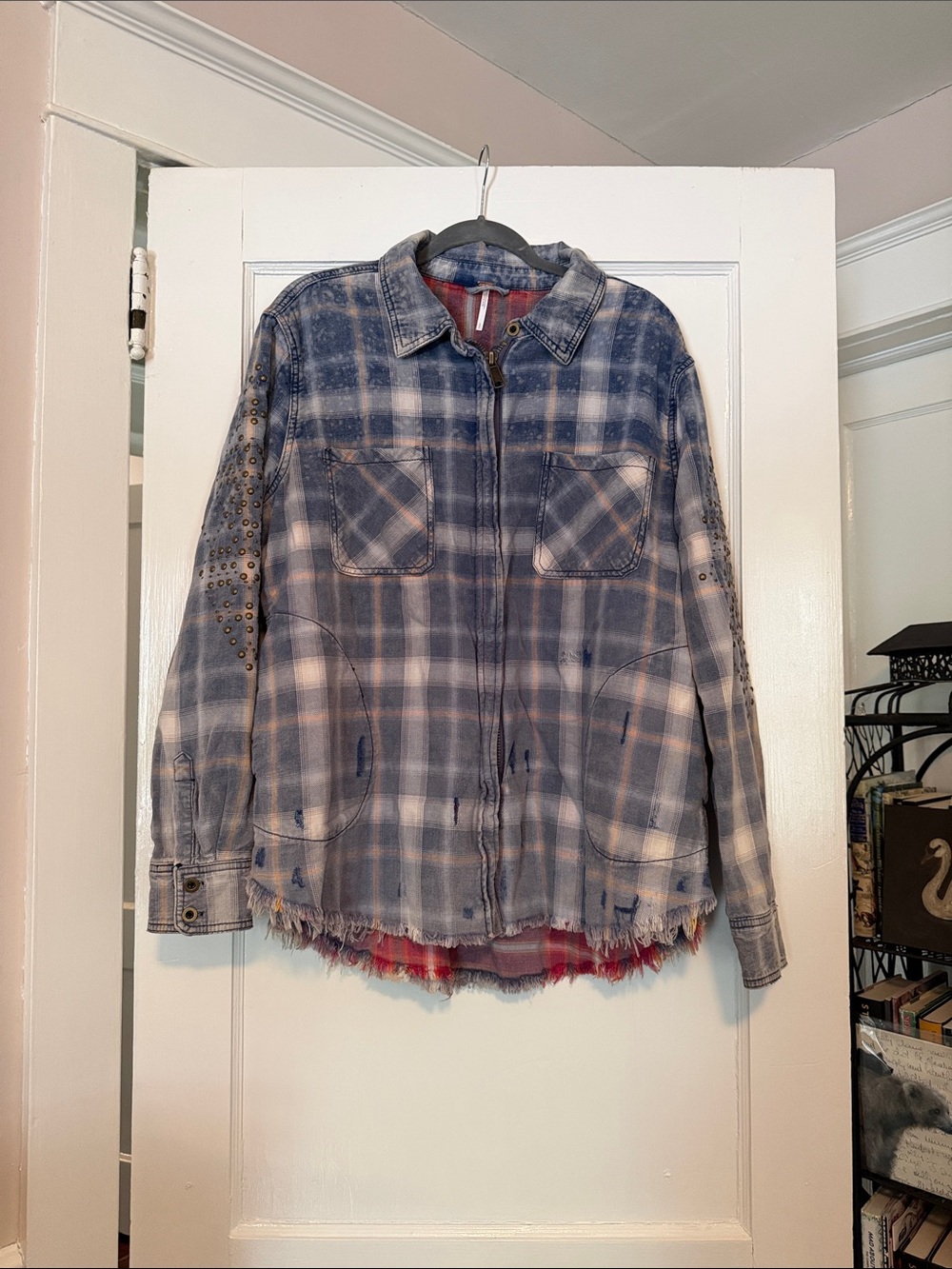 Free People Distressed Blue and White Plaid Shacket with Stud Detail